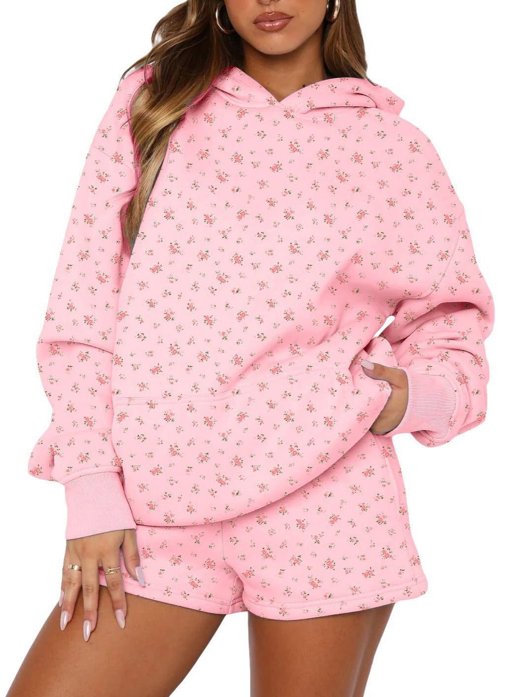 Women's pink floral fleece hoodie and shorts set, oversized hood and front pouch pocket
