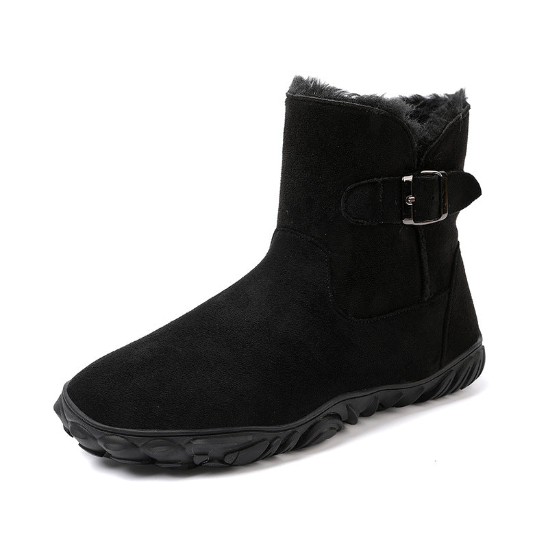 Black mid-calf snow boots with buckled side strap and thick tread sole