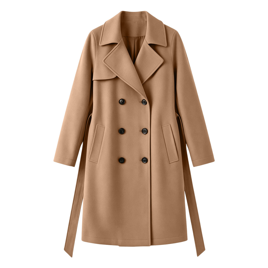 Beige double-breasted wool overcoat with notch lapels, six-button front, flap pockets