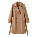 Beige double-breasted wool overcoat with notch lapels, six-button front, flap pockets
