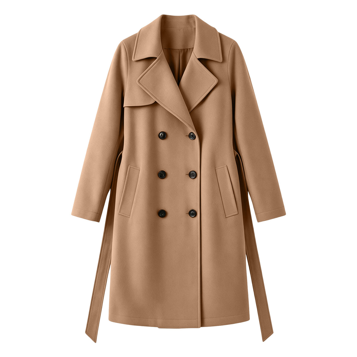 Beige double-breasted wool overcoat with notch lapels, six-button front, flap pockets