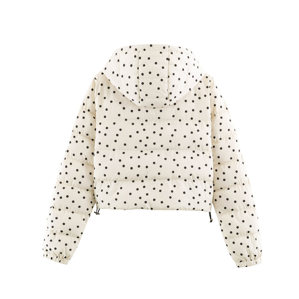 Cropped hooded puffer jacket in cream with polka dot print, rear view, elastic cuffs.
