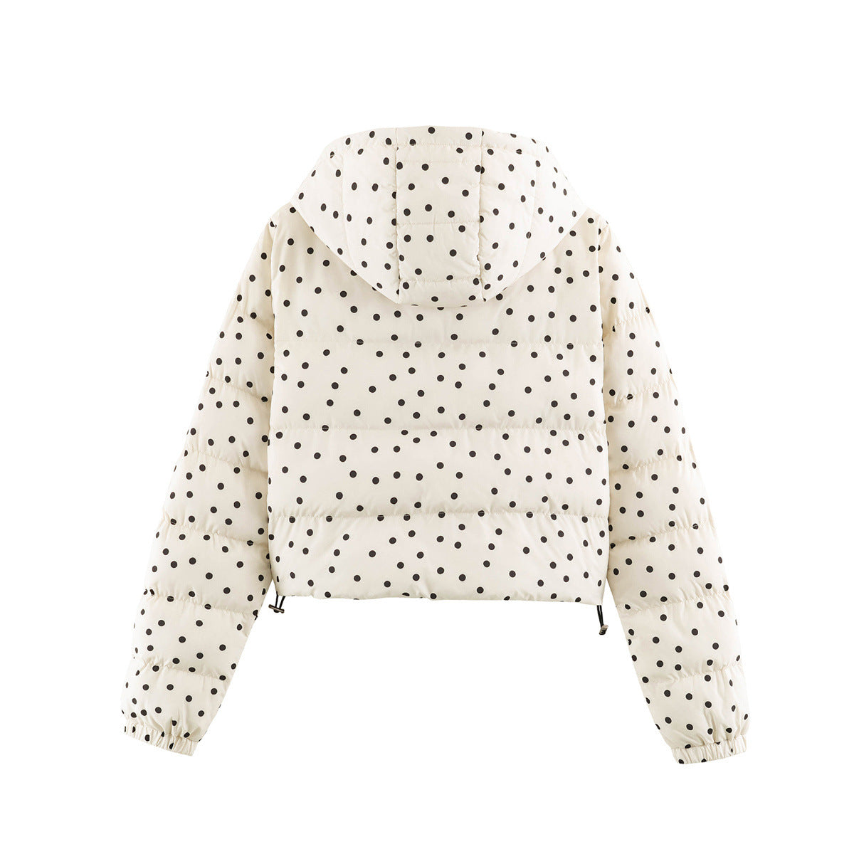 Cropped hooded puffer jacket in cream with polka dot print, rear view, elastic cuffs.