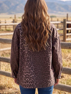 Brown leopard-print denim shacket, button front detail, back view