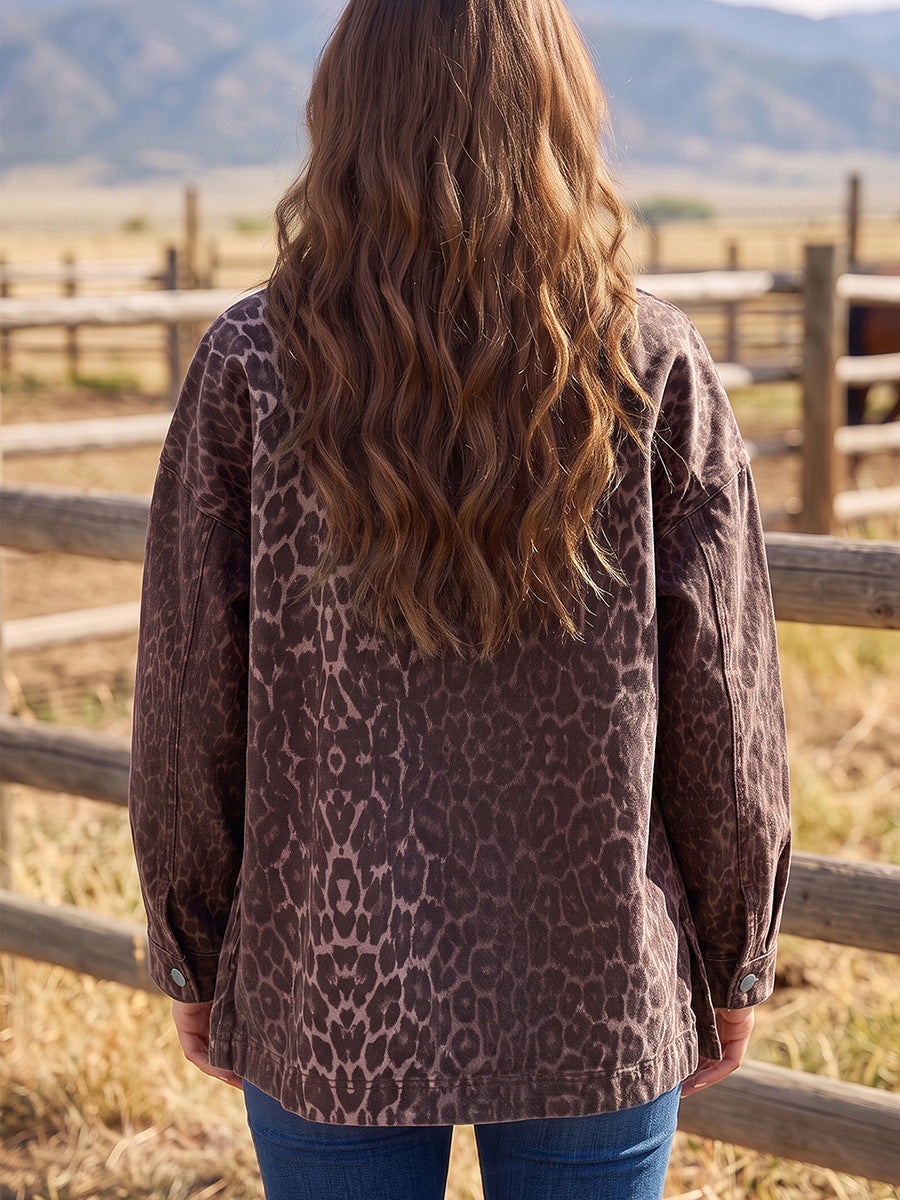 Brown leopard-print denim shacket, button front detail, back view