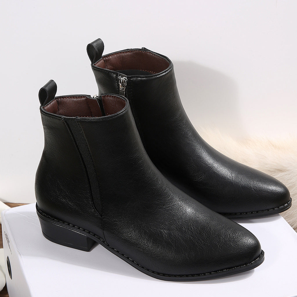Black pointed-toe ankle booties with side zipper and low block heel