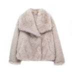 Light pink cropped faux fur jacket with oversized collar and long sleeves.