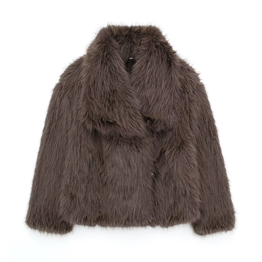 Dark brown cropped faux fur jacket with oversized collar and button front.