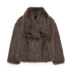 Dark brown cropped faux fur jacket with oversized collar and button front.