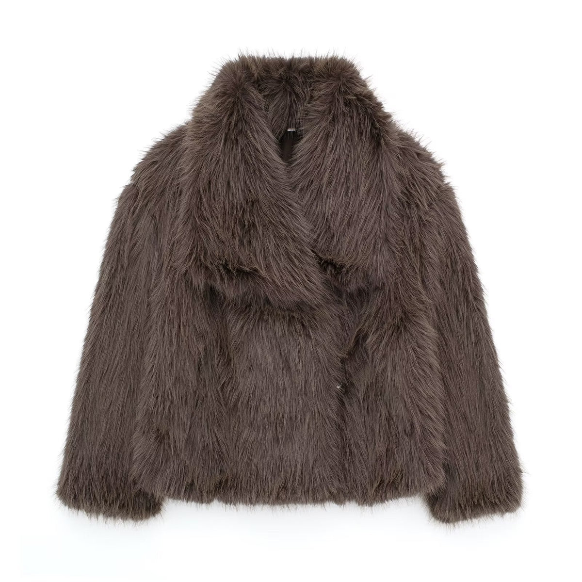 Dark brown cropped faux fur jacket with oversized collar and button front.