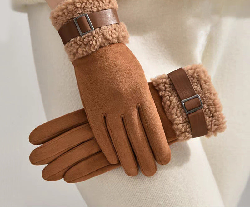 Women's brown suede gloves with sherpa cuffs and adjustable wrist buckle strap