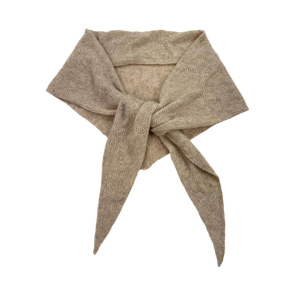 Beige knit triangle scarf tied at the center, with openwork stitching