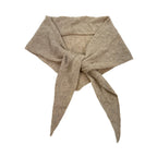Beige knit triangle scarf tied at the center, with openwork stitching