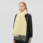 Wool blend fringe scarf, light yellow oversized blanket style with long tassel ends