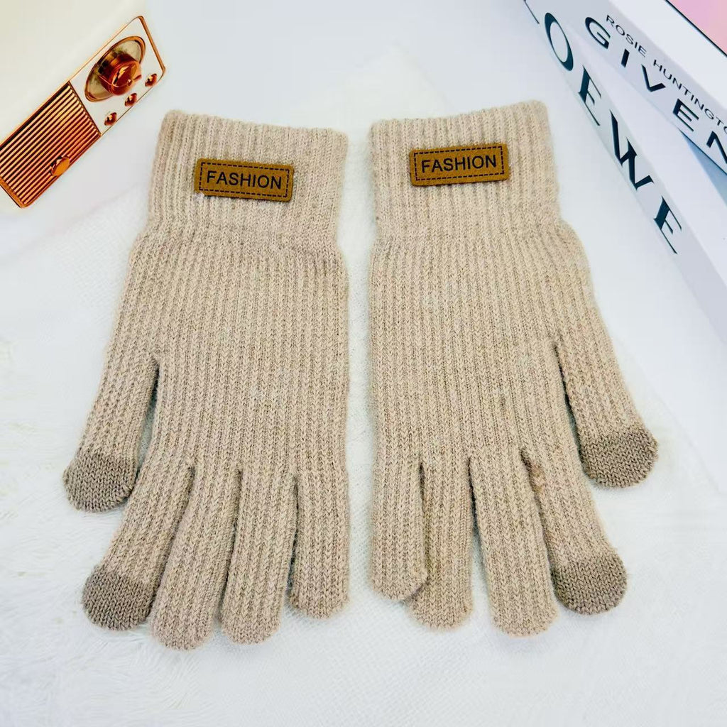 Women’s ribbed knit touchscreen gloves, beige/cream, with cuff ribbing