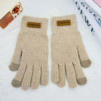 Women’s ribbed knit touchscreen gloves, beige/cream, with cuff ribbing