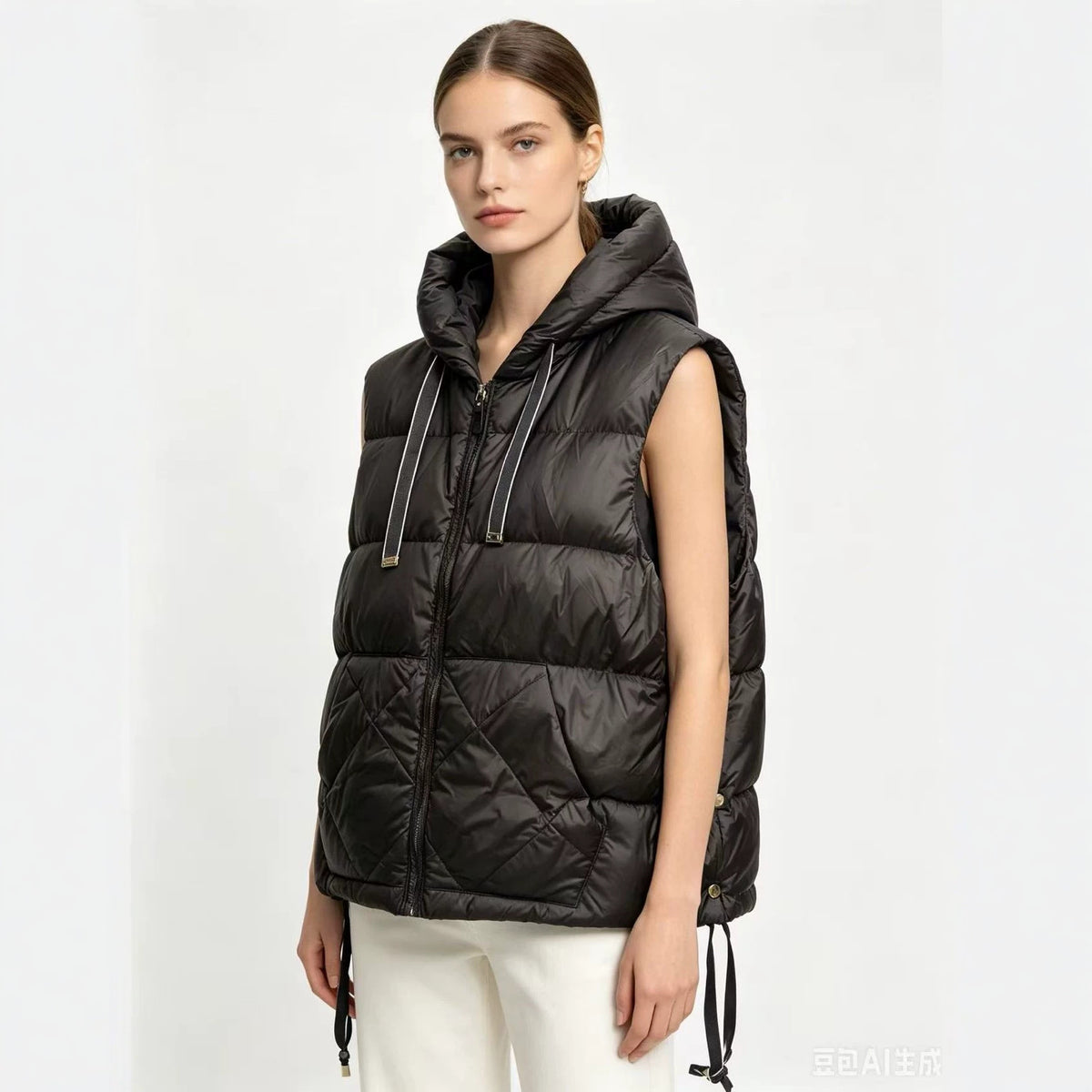 Black women's hooded puffer vest with diamond quilting, sleeveless zip front