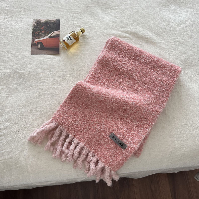 Boucle knit scarf, pink with long fringe tassels and woven logo patch