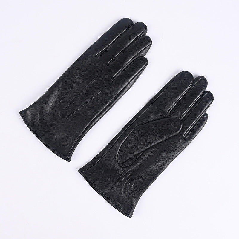 Black leather gloves with three-strap cuffs, fleece-lined winter style.
