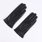 Black leather gloves with three-strap cuffs, fleece-lined winter style.