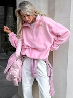 Women's half-zip fleece pullover, pink stand collar half-zip with relaxed oversized fit