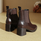 Women’s leather Chelsea ankle boots with square toe, stacked block heel, back zip