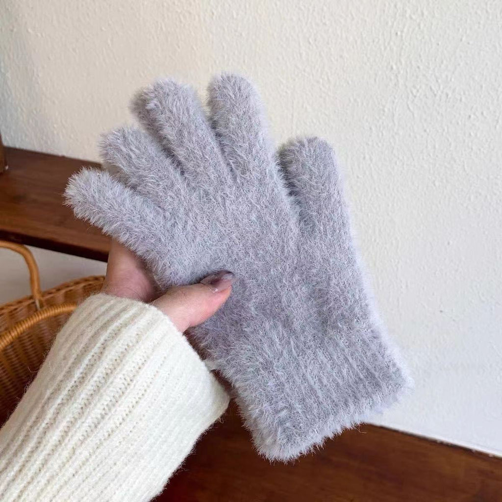 Light gray fuzzy winter gloves with ribbed knit cuff