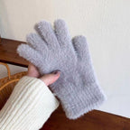 Light gray fuzzy winter gloves with ribbed knit cuff