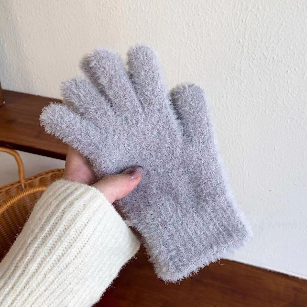 Light gray fuzzy winter gloves with ribbed knit cuff