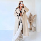 Beige long open-front wool coat with contrast trim and oversized relaxed fit