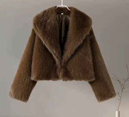 Cropped faux fur jacket with shawl collar, khaki, hanging front