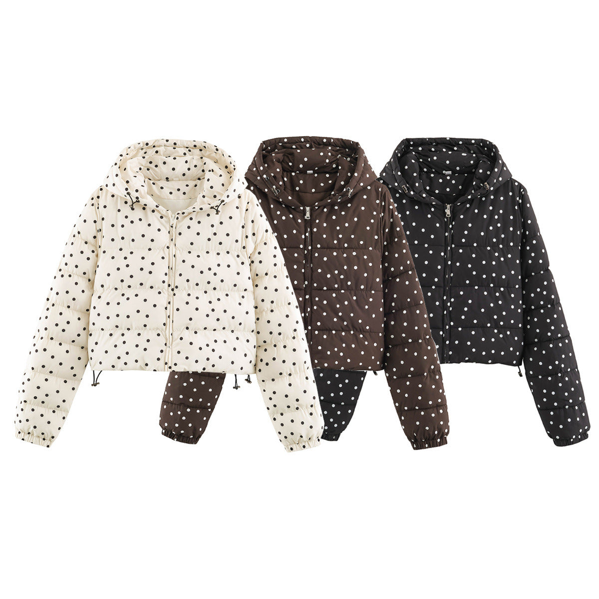 Cropped hooded puffer jacket with polka dot print, front zipper closure, elastic cuffs.