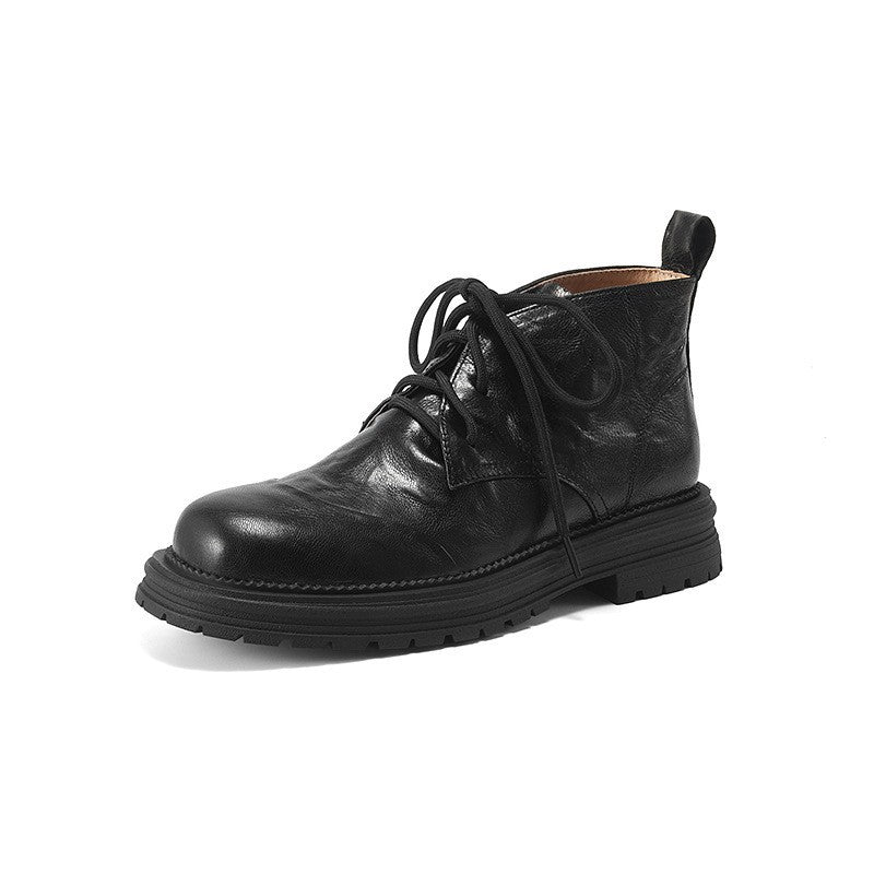 Women’s black lace-up ankle boots, round toe, chunky lug sole, lace-up front