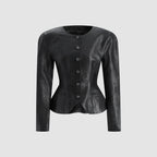 Black faux leather button-front blazer jacket with peplum hem and flap pockets