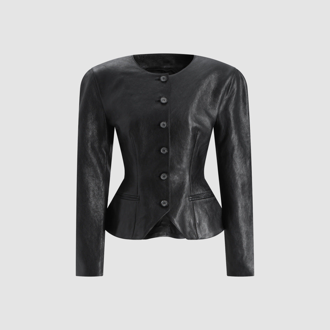 Black faux leather button-front blazer jacket with peplum hem and flap pockets