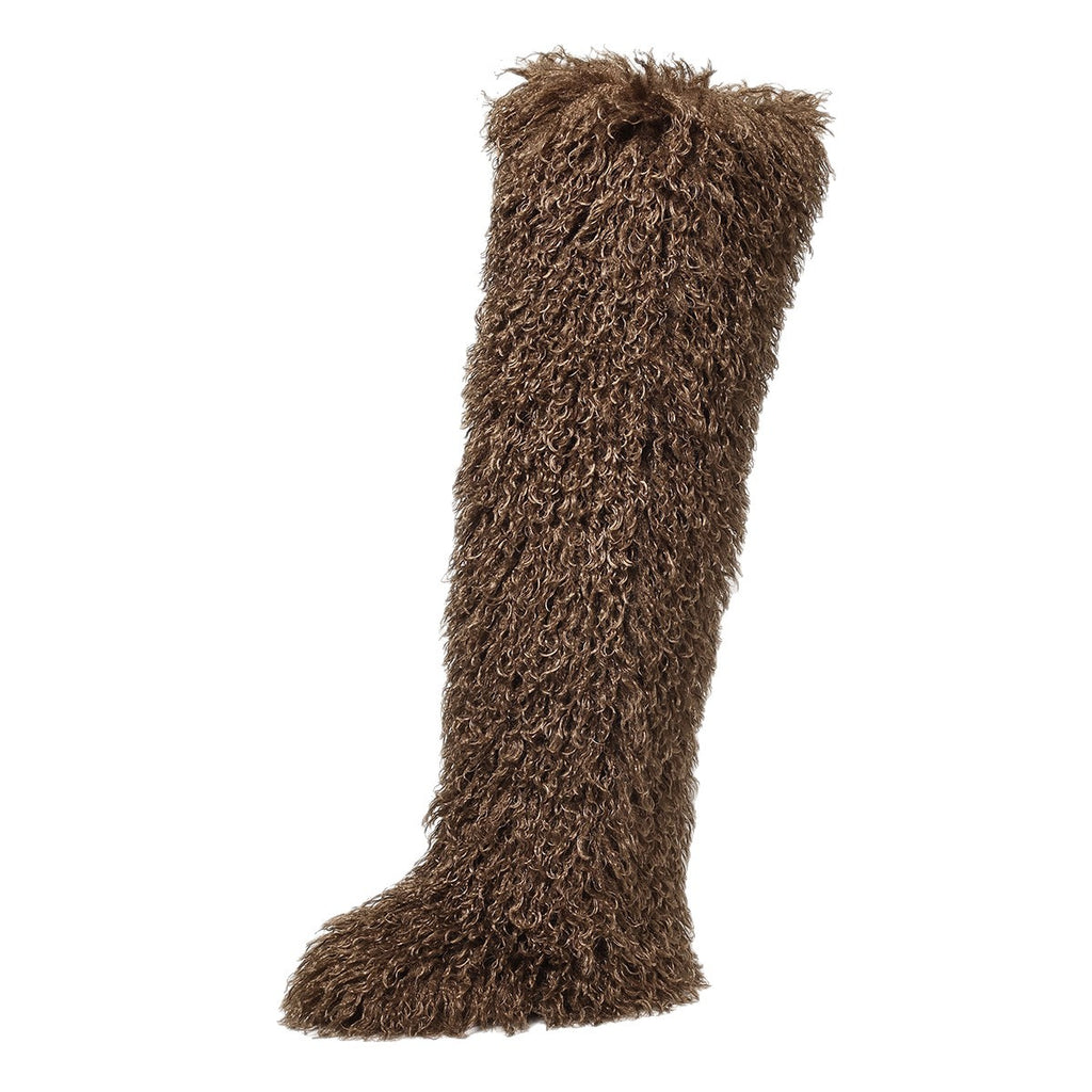 Dark brown faux fur thigh-high boot shown from the side.
