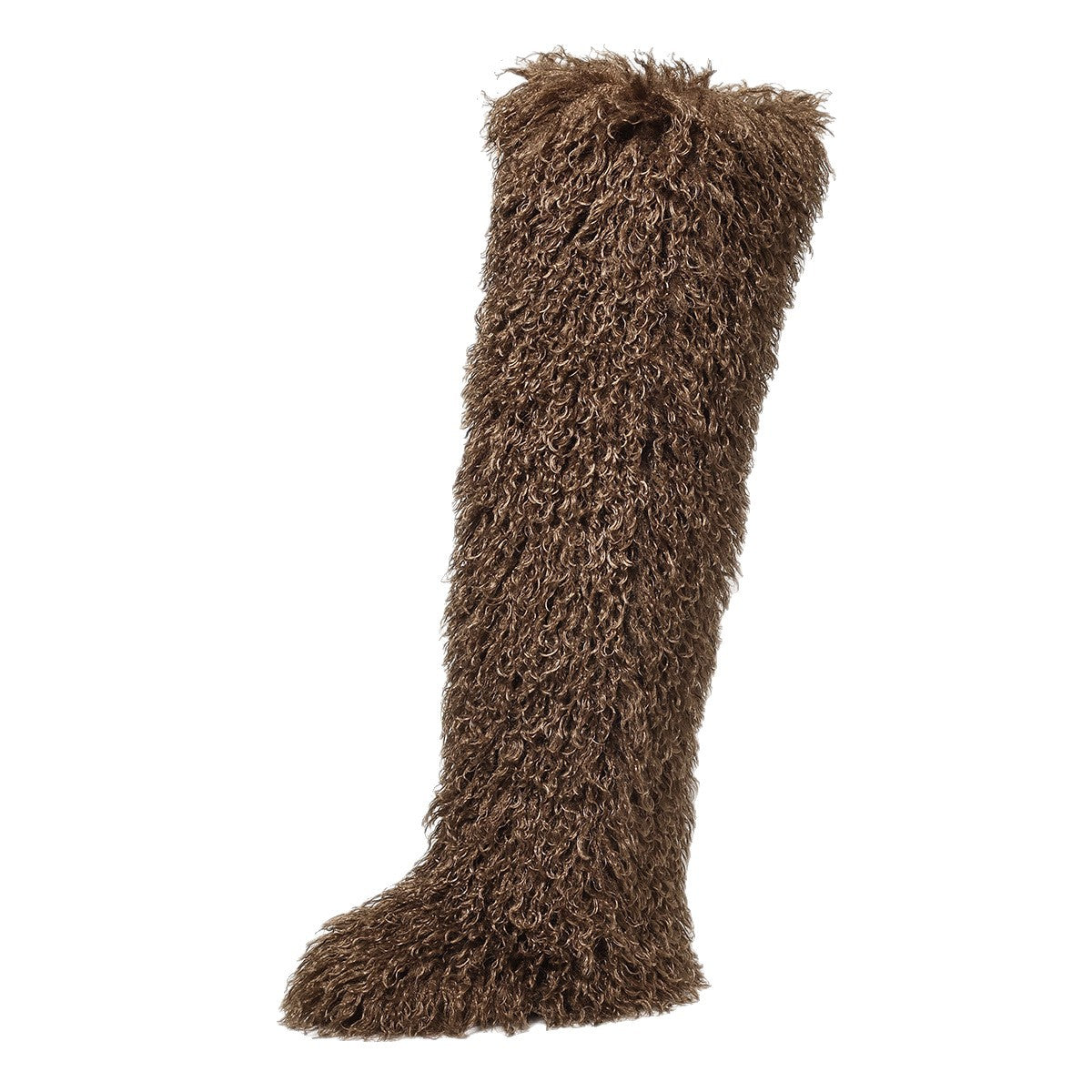 Dark brown faux fur thigh-high boot shown from the side.