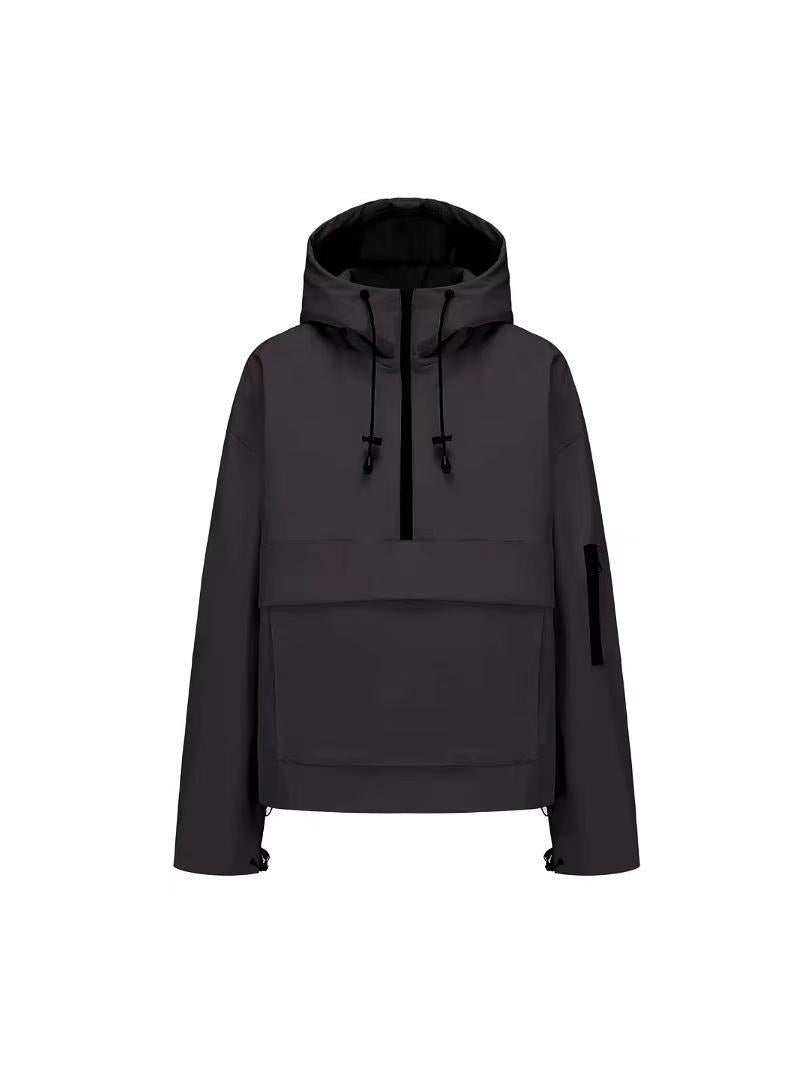 Black hooded half-zip anorak jacket in nylon with kangaroo pocket