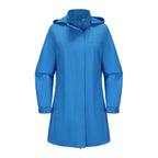 Blue hooded long rain jacket with front zipper and snap button storm flap.