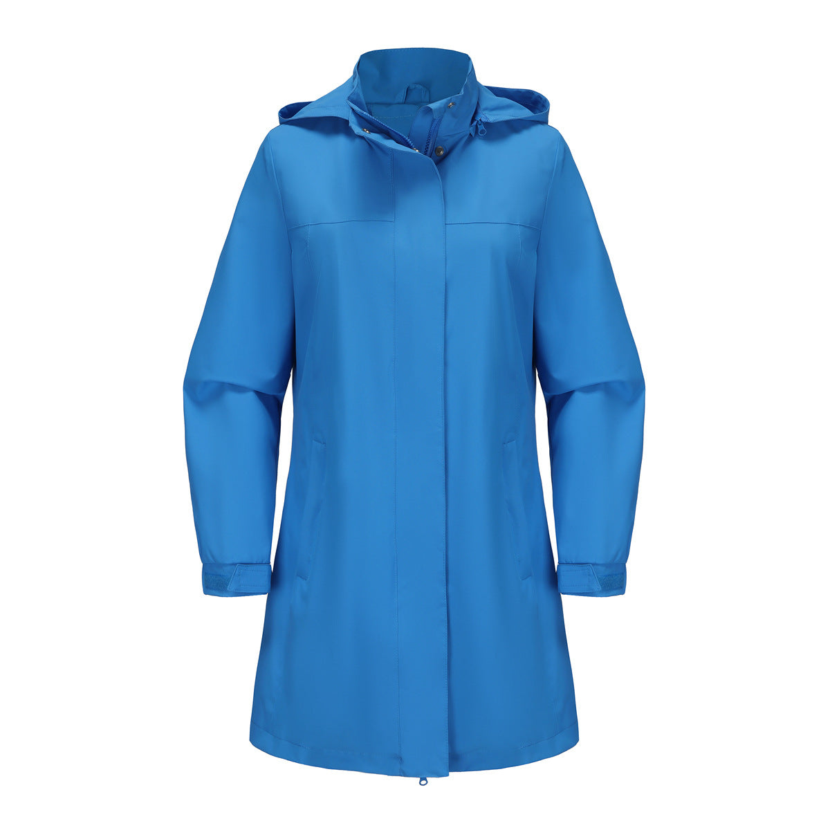 Blue hooded long rain jacket with front zipper and snap button storm flap.