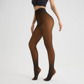 Brown sheer fleece lined tights with high waist, standing side view