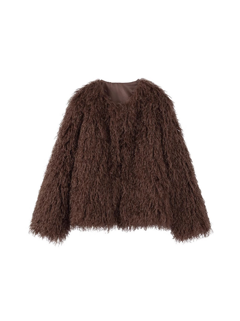 Brown cropped shaggy faux fur jacket with open front, collarless design