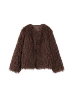 Brown cropped shaggy faux fur jacket with open front, collarless design