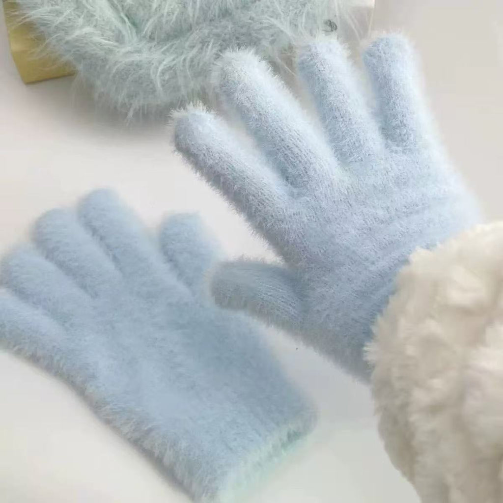 Light blue fuzzy winter gloves with five-finger design