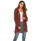 Fuzzy long shaggy loop cardigan, V-neck button front, textured rust-brown
