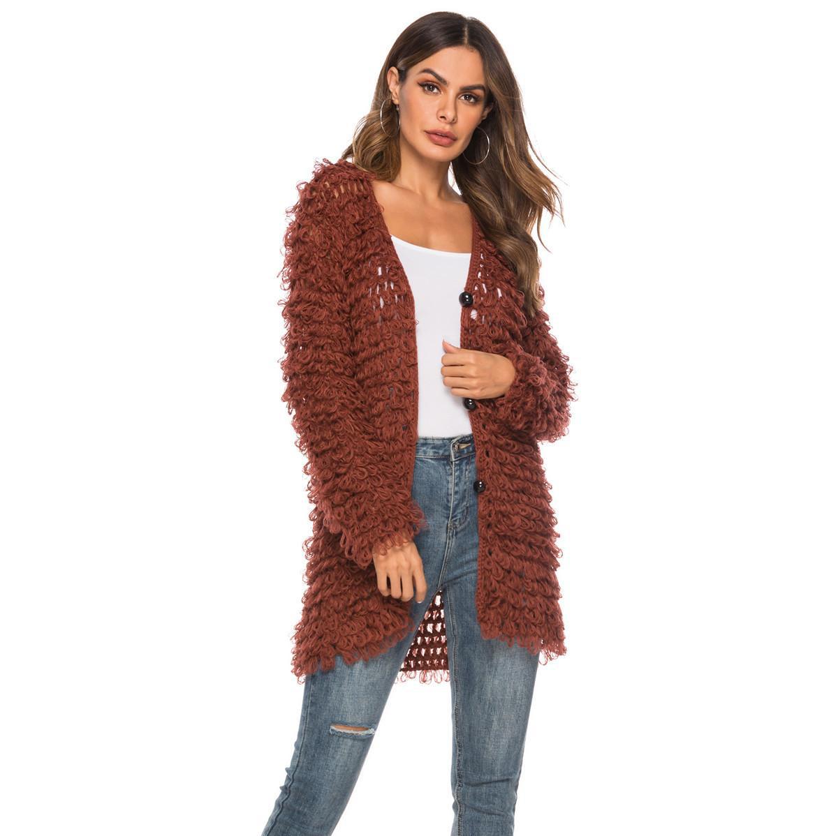 Fuzzy long shaggy loop cardigan, V-neck button front, textured rust-brown