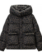 Cropped hooded puffer jacket with leopard print, flap pockets, and dark quilted panels