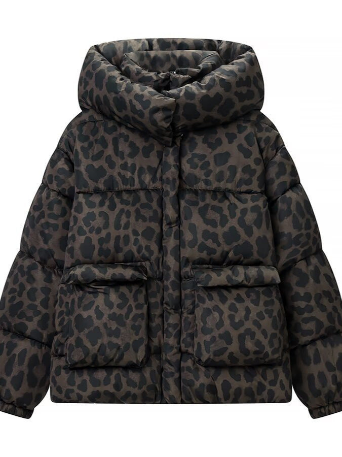 Cropped hooded puffer jacket with leopard print, flap pockets, and dark quilted panels