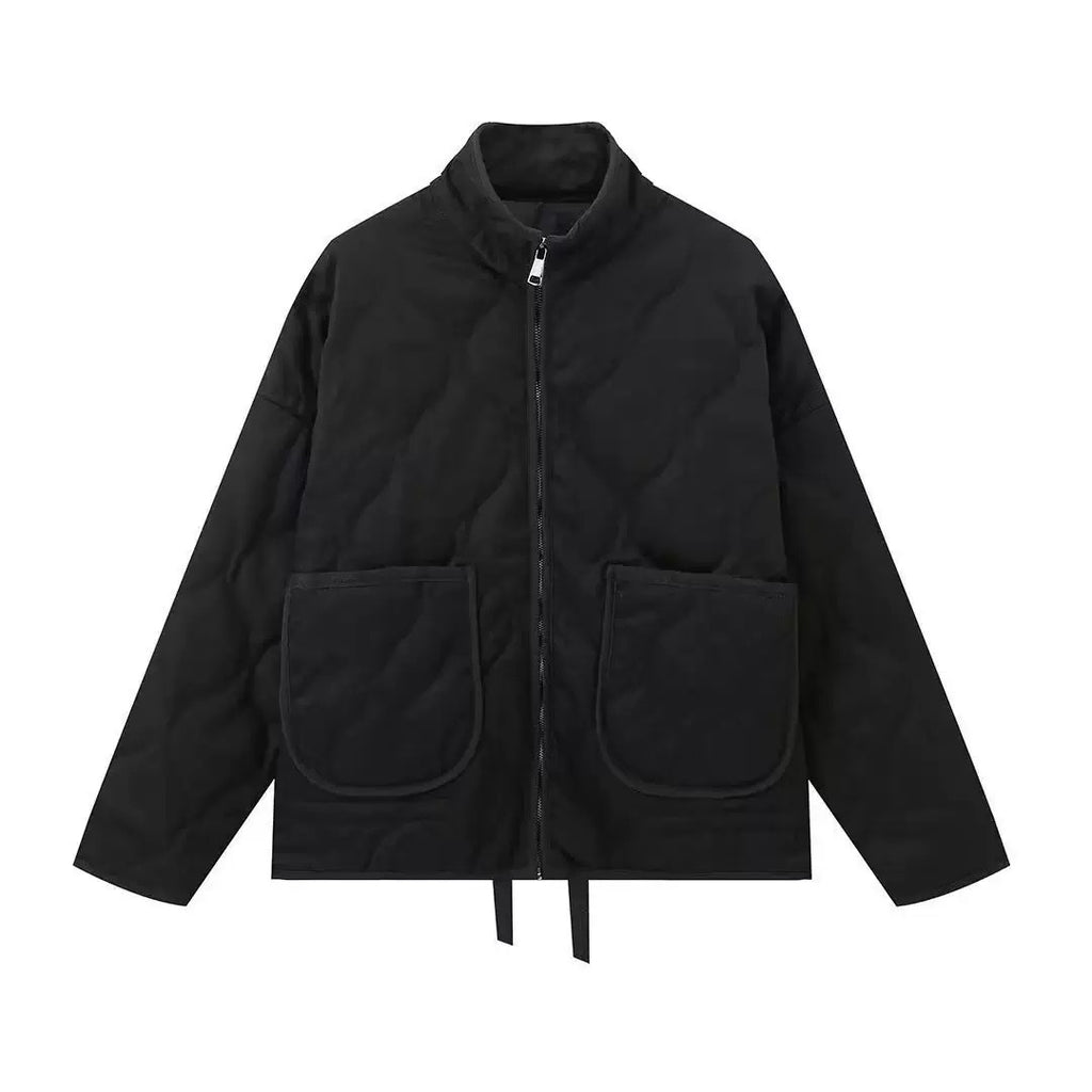 Black quilted stand-collar zip-up jacket with long sleeves and two front flap pockets.