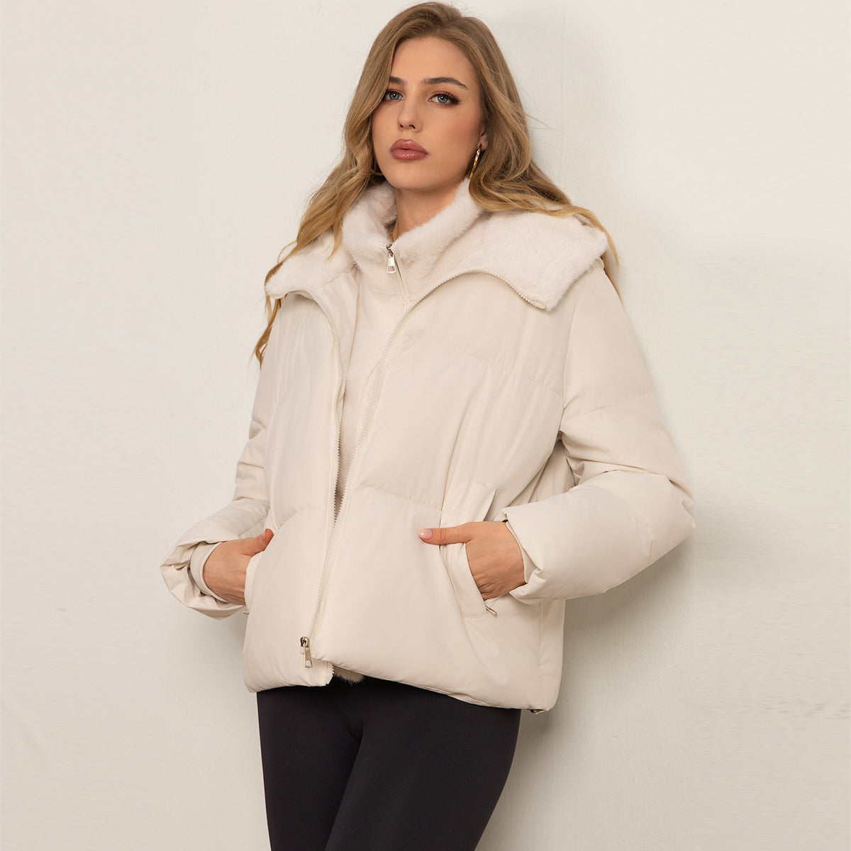 Women’s white cropped puffer jacket with faux fur stand collar and front zipper